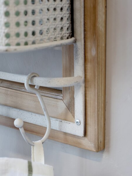 Krémová antik dreveno-kovová nástenná polička s háčikmi Old Shelf - 40*15*90 cm - Chic Antique