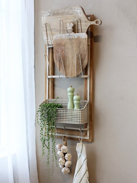 Krémová antik dreveno-kovová nástenná polička s háčikmi Old Shelf - 40*15*90 cm - Chic Antique