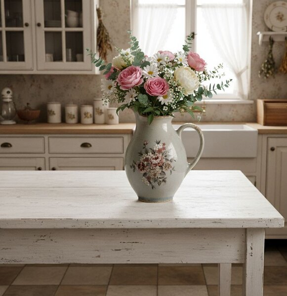 Šedý dekoračný keramický džbán s kvetmi Floria S - 16*12*18 cm - Clayre & Eef