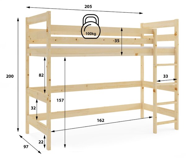 HRUŠKA Vyvýšená posteľ z masívu ANTRESOLA 200×90 cm – borovica