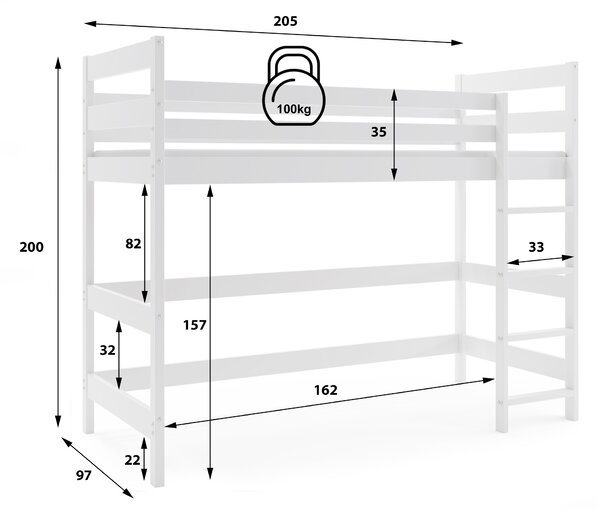 HRUŠKA Vyvýšená posteľ z masívu ANTRESOLA 200×90 cm – biela