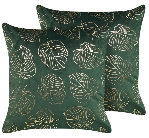 Sada 2 dekoratívnych vankúšov tmavozelená zamat 45 x 45 cm zlatá potlač listov monstery elegantný glamour štýl doplnky