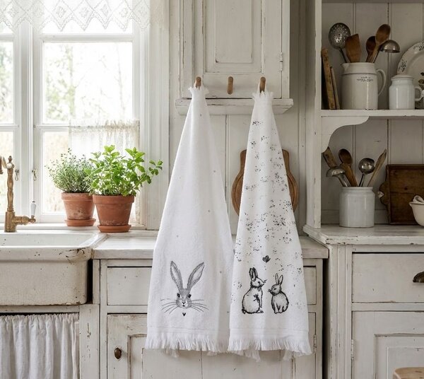Biely froté uterák s králikmi a motýlikom - 40*66 cm - Clayre & Eef