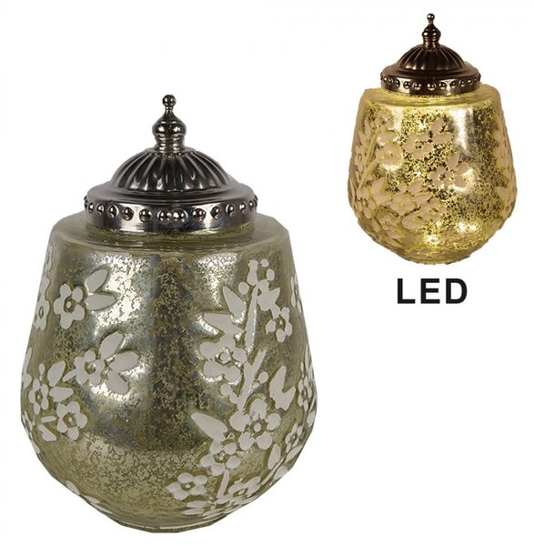 Zelená sklenená svietiaca LED lampáš s kvietkami Balli - Ø 13*19 cm - Clayre & Eef