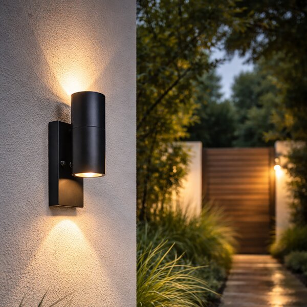 Vonkajšia nástenná lampa čierna 2-svetlá IP44 so senzorom súmraku - Duo