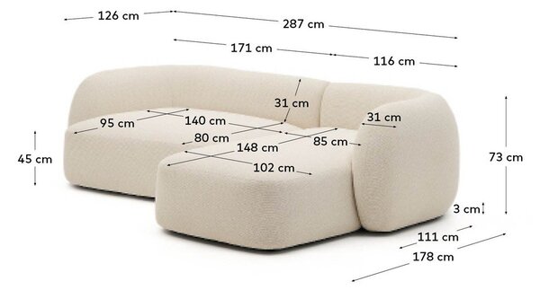 Krémová ženilková rohová pohovka (pravý roh/s leňoškou) Martina – Kave Home