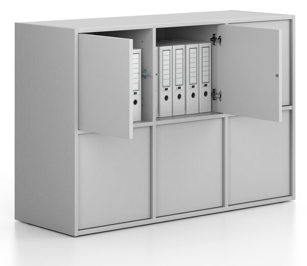 Kancelárska skriňa FRAME, nízka, 6x dvere, 1299 x 450 x 881 mm, PUSH-lock, sivá