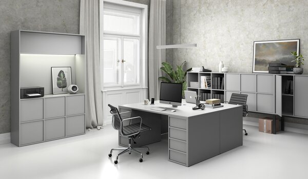 Kancelárska skriňa FRAME, čierna podnož, 12x dvere, 1299 x 450 x 2185 mm, PUSH-lock, sivá