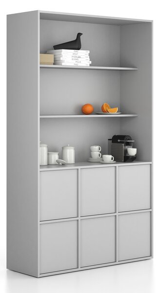 Kancelárska skriňa FRAME, 6x dvere, 2x polica, 1299 x 450 x 2162 mm, PUSH-lock, sivá