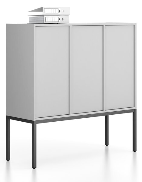 Kancelárska skriňa FRAME, nízka, čierna podnož, 3x dvere, 1299 x 450 x 1331 mm, PUSH-lock, sivá