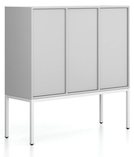 Kancelárska skriňa FRAME, nízka, biela podnož, 3x dvere, 1299 x 450 x 1331 mm, PUSH-lock, sivá