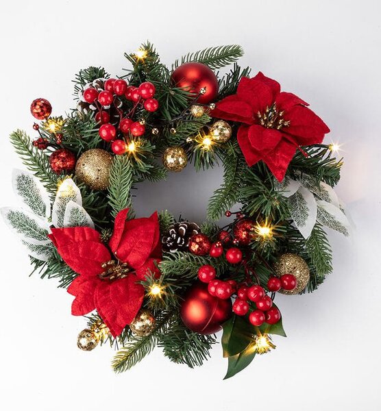 Vianočný veniec POINSETTIA s LED osvetlením, 30 cm