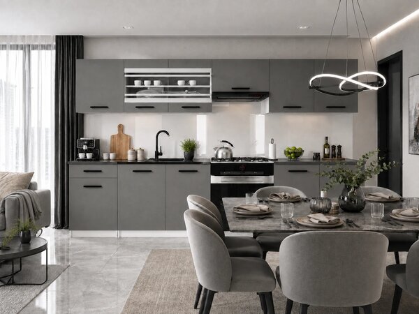 Kuchynský nábytok 260 cm sivá antracit grafit s pracovnou doskou