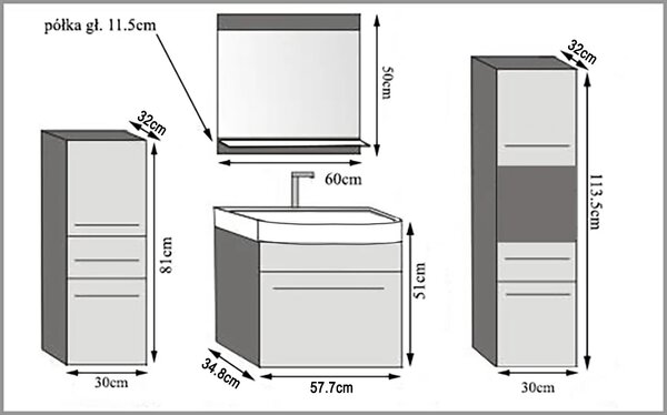 Kúpeľňový nábytok skrinky s umývadlom a zrkadlom biela matná ROD PRIMO M 5/0/W/W/0/ZINC