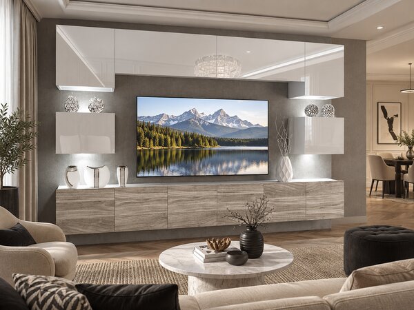 Obývacia stena 300 cm Belini biely lesk / šedý antracit Glamour Wood Imperium3