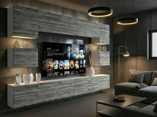 Obývacia stena Belini Premium Full Version šedý antracit Glamour Wood+ LED osvetlenie Nexum 49