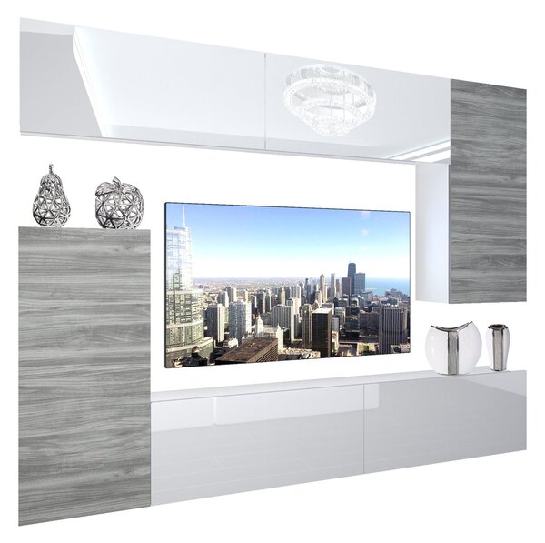 Obývacia stena Belini Premium Full Version biely lesk / šedý antracit Glamour Wood + LED osvetlenie Nexum 119
