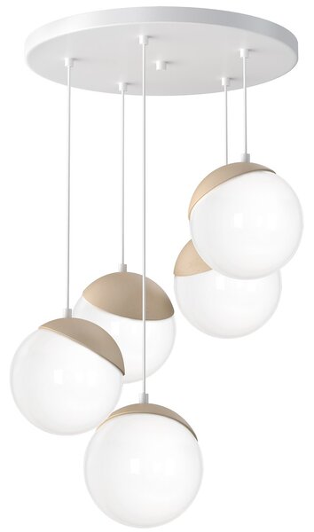 Závesné svietidlo Sfera, 5x biele sklenené tienidlo, w/drevo, o