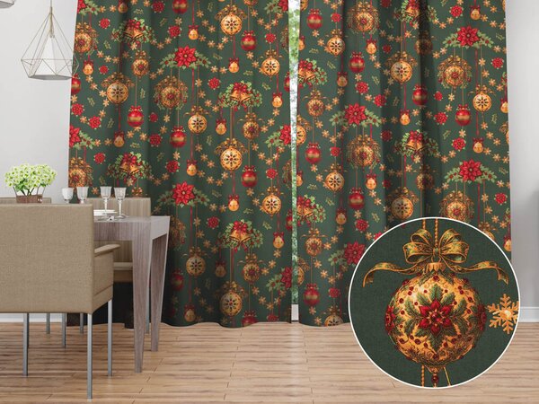 Biante Bavlnený záves Sandra SA-808 Vianočné ozdoby na tmavo zelenom 150x140 cm