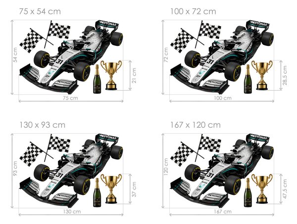 Nalepte.cz Strieborná a čierna Formule 1 textilní prelepiteľná nálepka na stenu arch 75 x 54 cm
