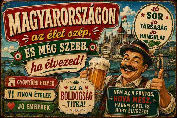 Plechová ceduľa Magyarországon az élet szép, és még szebb, ha élvezed! - Plechová tabuľa
