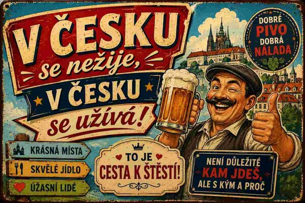 Plechová ceduľa V Česku se nežije, v Česku se užívá! - Plechová tabuľa