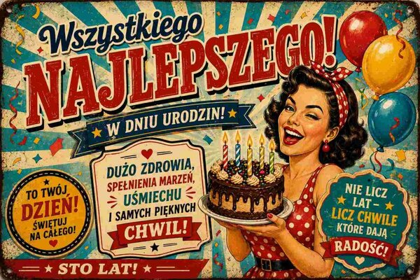 Plechová ceduľa Wszystkiego Najlepszego! W dniu urodzin! - Plechová tabuľa