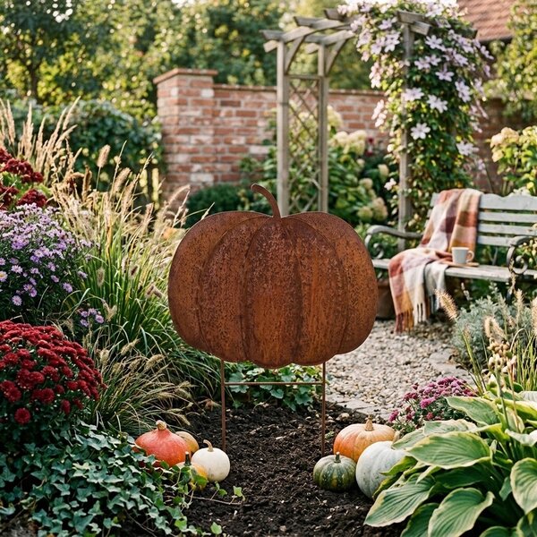 Rustikálny záhradný hrdzavý zápich tekvice Pumpkin Rust - 77*3*93 cm - Clayre & Eef