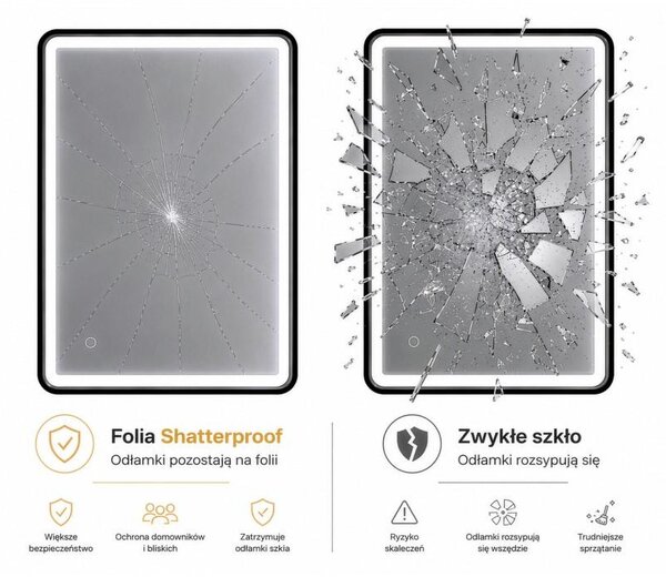 Erga Sari, LED zrkadlo v čiernom ráme s vyhrievaním a dotykovým ovládaním, 80 × 60 cm, čierna matná, ERG-YKA-MR.SARI-BLK-60X80