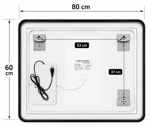 Erga Sari, LED zrkadlo v čiernom ráme s vyhrievaním a dotykovým ovládaním, 80 × 60 cm, čierna matná, ERG-YKA-MR.SARI-BLK-60X80