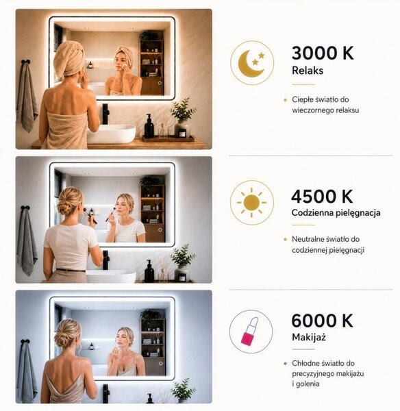 Erga Sari, LED zrkadlo v čiernom ráme s vyhrievaním a dotykovým ovládaním, 80 × 60 cm, čierna matná, ERG-YKA-MR.SARI-BLK-60X80