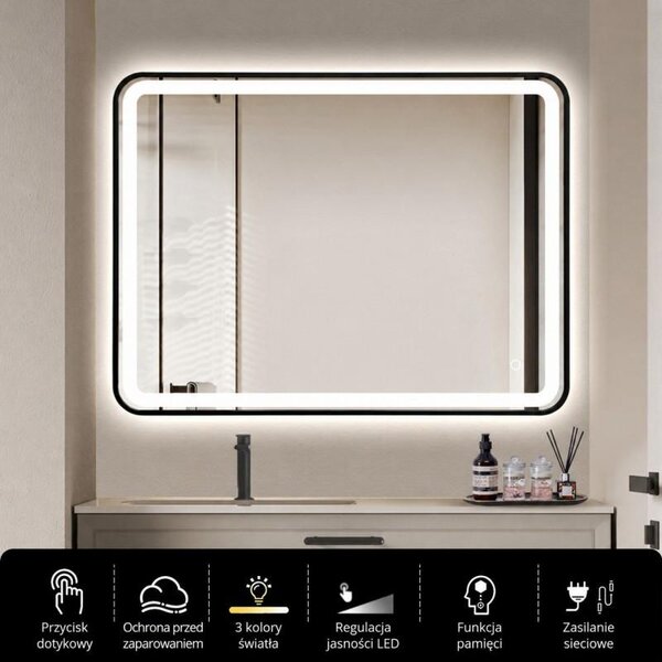 Erga Sari, LED zrkadlo v čiernom ráme s vyhrievaním a dotykovým ovládaním, 80 × 60 cm, čierna matná, ERG-YKA-MR.SARI-BLK-60X80
