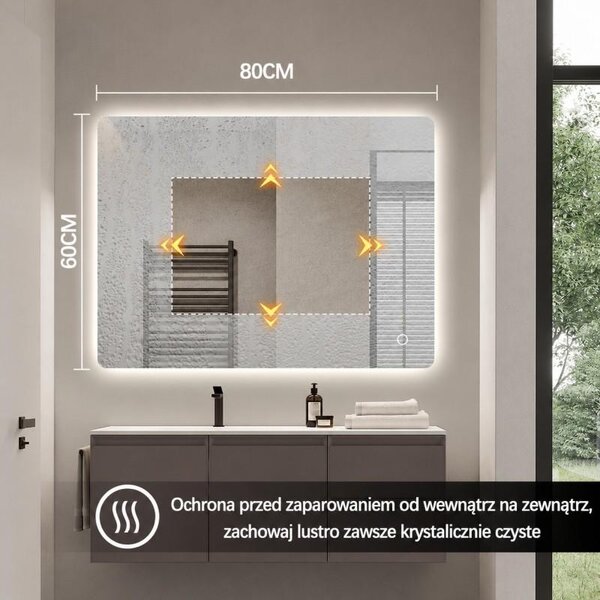 Erga Kalami, bezrámové LED zrkadlo s vyhrievaním a dotykovým ovládaním, 80 × 60 cm, ERG-YKA-MR.KALAMI-60X80