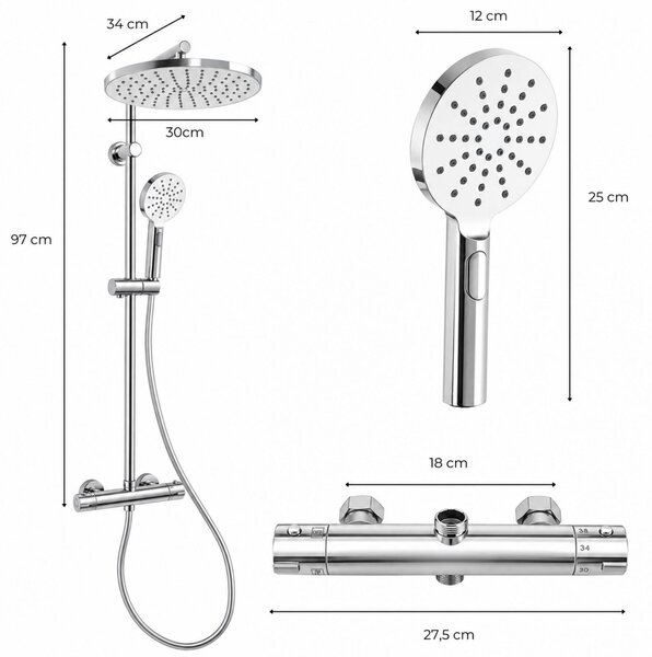 Erga Dubaj, sprchový set s termostatickou batériou a hlavovou sprchou 30 cm, chrómová, ERG-YKA-BP.DUBAJ-THERM-30-CHR