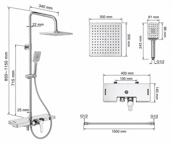 Erga Oslo, sprchový set s batériou, poličkou, výtokom a hlavovou sprchou 30×30 cm, chrómová, ERG-YKA-BP.OSLO-30-CHR