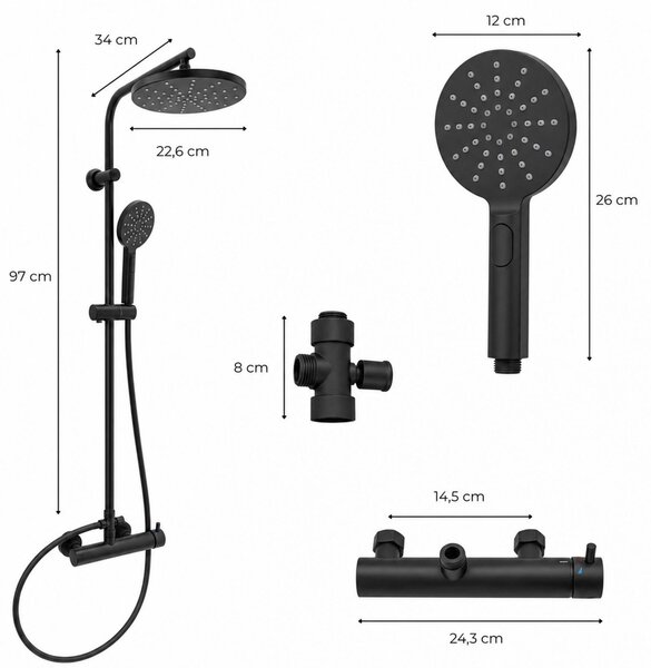 Erga Dubaj, sprchový set s batériou a hlavovou sprchou 23 cm, čierna matná, ERG-YKA-BP.DUBAJ23-BLK