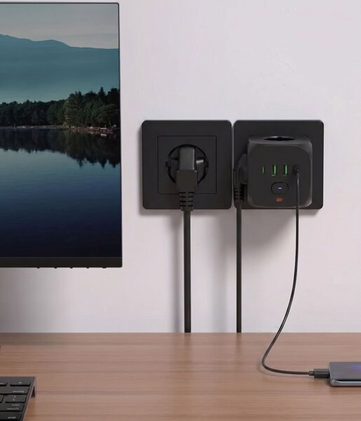 Toolight Toolight, JNH019, zásuvková kocka 7v1, 3 zásuvky + 2× USB-A + 2× USB-C, čierna, OSW-56304