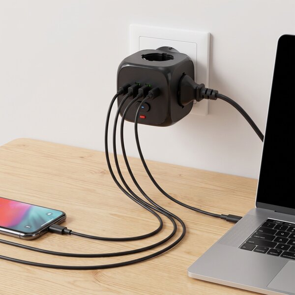 Toolight Toolight, JNH019, zásuvková kocka 7v1, 3 zásuvky + 2× USB-A + 2× USB-C, čierna, OSW-56304