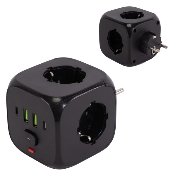 Toolight Toolight, JNH019, zásuvková kocka 7v1, 3 zásuvky + 2× USB-A + 2× USB-C, čierna, OSW-56304