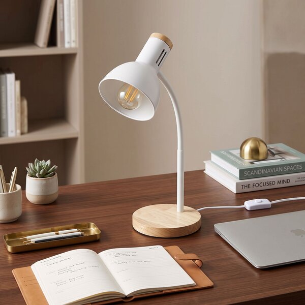 Toolight Toolight, JNH046-1T, stolná lampa s drevenou základňou a ohybným ramenom, v. 45,3 cm, 1× E27, biela, OSW-56238