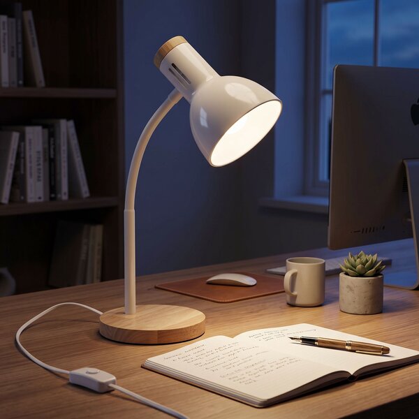 Toolight Toolight, JNH046-1T, stolná lampa s drevenou základňou a ohybným ramenom, v. 45,3 cm, 1× E27, biela, OSW-56238