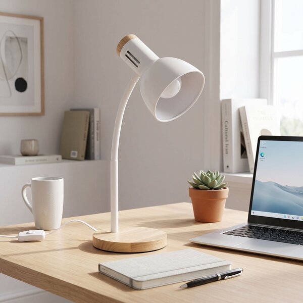 Toolight Toolight, JNH046-1T, stolná lampa s drevenou základňou a ohybným ramenom, v. 45,3 cm, 1× E27, biela, OSW-56238