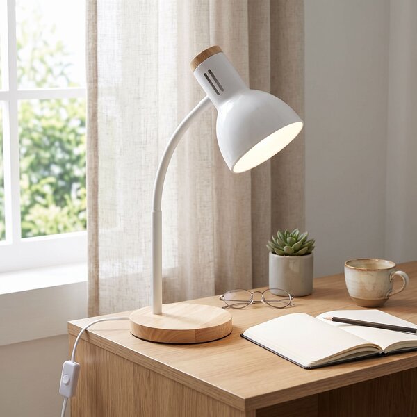 Toolight Toolight, JNH046-1T, stolná lampa s drevenou základňou a ohybným ramenom, v. 45,3 cm, 1× E27, biela, OSW-56238