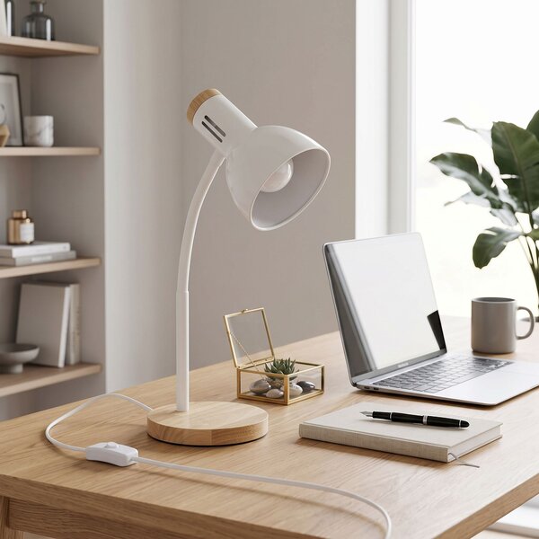 Toolight Toolight, JNH046-1T, stolná lampa s drevenou základňou a ohybným ramenom, v. 45,3 cm, 1× E27, biela, OSW-56238