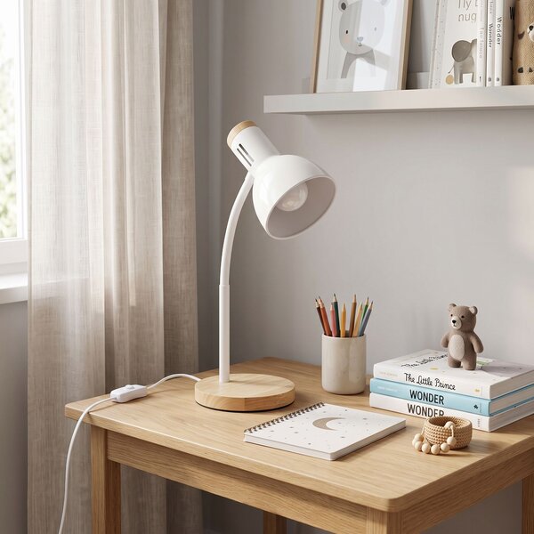 Toolight Toolight, JNH046-1T, stolná lampa s drevenou základňou a ohybným ramenom, v. 45,3 cm, 1× E27, biela, OSW-56238