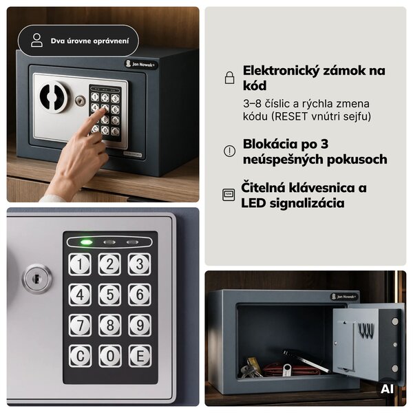 Mini domáci elektronický trezor na kód, na peniaze a šperky, 230x170x170 mm: HECTOR