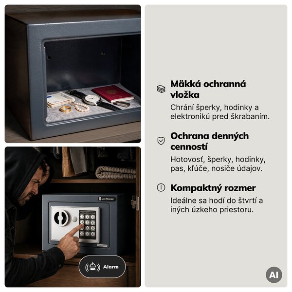Mini domáci elektronický trezor na kód, na peniaze a šperky, 230x170x170 mm: HECTOR