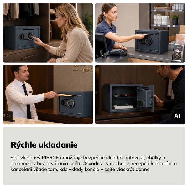 Malý vhadzovací trezor na kód, elektronický, na tržbu a obálky, 350x250x250 mm: PIERCE