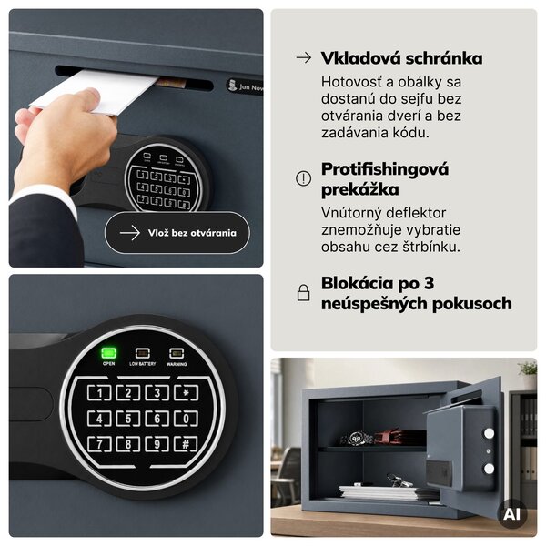 Malý vhadzovací trezor na kód, elektronický, na tržbu a obálky, 350x250x250 mm: PIERCE