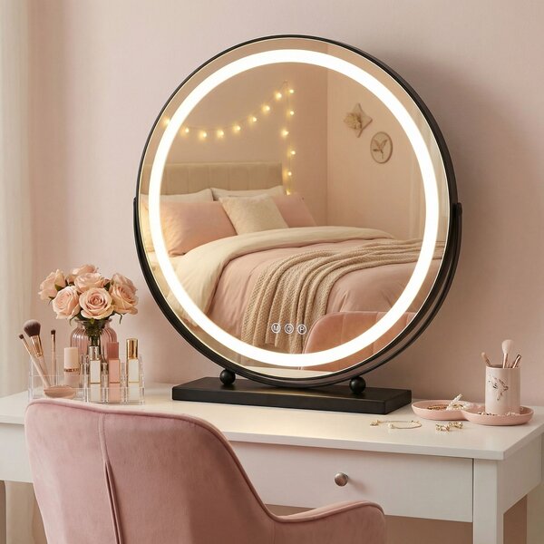 Rea Make-Up, LED okrúhle kozmetické zrkadlo na postavenie 50 cm, čierna, HOM-12022